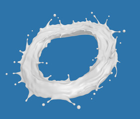 Milk splash circle, Liquid isolated on blue background with clipping path, 3D rendering.