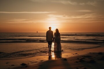 Couple standing on the beach at sunset