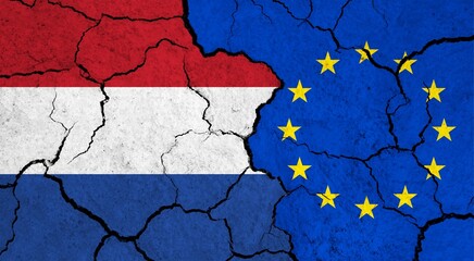 Flags of Netherlands and European Union on cracked surface - politics, relationship concept