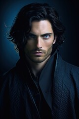 Fototapeta premium Sigma White Male with long Black Hairs and Blue Eyes dressing Black Smoking Dress. Businessman