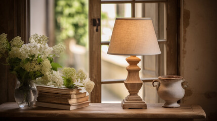 A timeless vintage wooden lamp base with a classic fabric shade, offering a touch of rustic elegance Generative AI