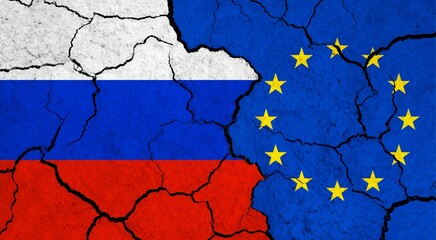 Flags of Russia and European Union on cracked surface - politics, relationship concept