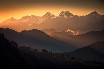 Beautiful colorful sunset over the mountain, generative artificial intelligence