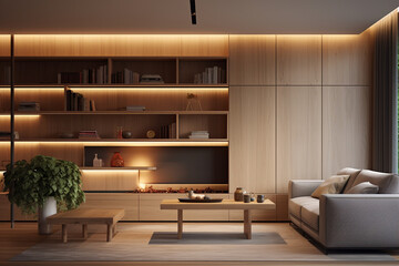 Craft a minimalist apartment with warm wood accents, recessed lighting, and hidden storage solutions, allowing the space to remain uncluttered and harmonious while exuding a sense Generative AI
