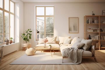 Create a Scandinavian-inspired minimalist apartment with light wood flooring, white walls, and cozy textiles, creating a space that feels bright, airy, and inviting." Generative AI