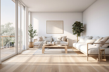 Fototapeta na wymiar Create a Scandinavian-inspired minimalist apartment with light wood flooring, white walls, and cozy textiles, creating a space that feels bright, airy, and inviting.