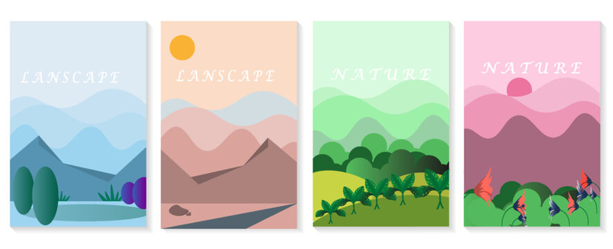 landscape and nature. Vector illustration of trees, forests, mountains, flowers, plants, houses, fields, farms and villages. Image for background, card or cover