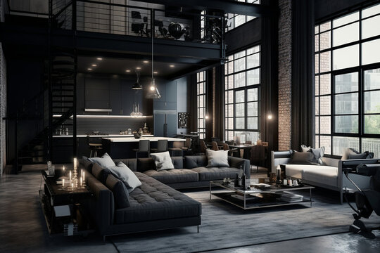 Craft a minimalist loft apartment with a monochromatic color scheme, featuring shades of gray, sleek black furniture, and metallic accents, creating a sophisticated and contemporar Generative AI