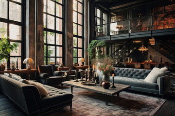 Fototapeta na wymiar Design a chic loft apartment with high ceilings, large windows, and a mix of modern and vintage furniture, juxtaposing contemporary living with the charm of old-world elegance.