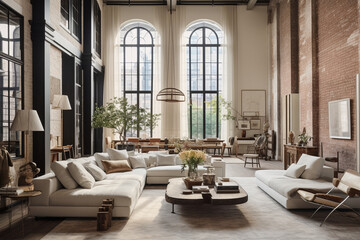 Design a chic loft apartment with high ceilings, large windows, and a mix of modern and vintage furniture, juxtaposing contemporary living with the charm of old-world elegance." Generative AI