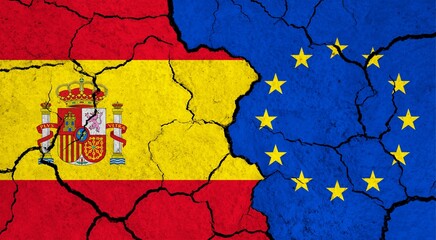 Flags of Spain and European Union on cracked surface - politics, relationship concept