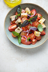 Plate with panzanella or tuscan-style tomato and bread salad, vertical shot on a light-beige stone background, high angle view