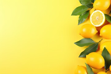 Frame of yellow melons and leaves on a bright yellow background with space for text.