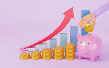 Cartoon Hands holding coin piggy bank and golden coin, saving money