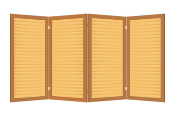 Four-fold wooden folding screen with horizontal slats. Vector object on a white background. Interior item for dividing a room. Vintage paravan for changing clothes and toilet