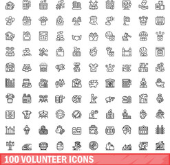 100 volunteer icons set. Outline illustration of 100 volunteer icons vector set isolated on white background