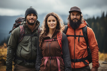 Fototapeta premium Tourism in the autumn mountains. Fall season. Group of young people backpackers hiking on the path in mountains. AI Generative