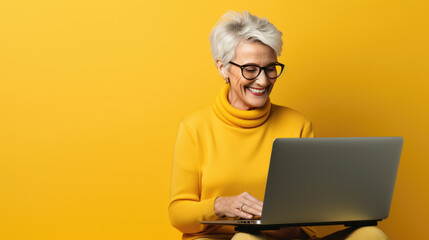 Elderly woman working on a laptop on a yellow background.