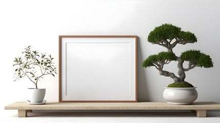 a picture frame and potted plant on a shelf