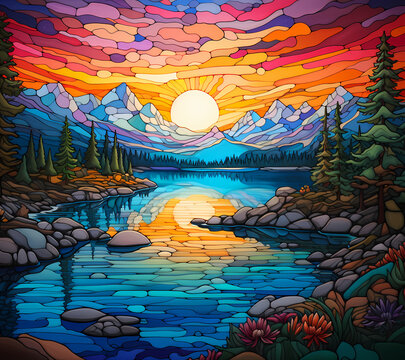 a stained glass fantasy scene of a Pristine alpine lake, vivid colours