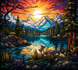 a stained glass fantasy scene of a Pristine alpine lake, vivid colours
