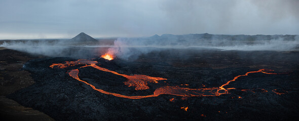 Beautiful aerial panoramatic view of active volcano, Litli - Hrutur, Iceland 2023