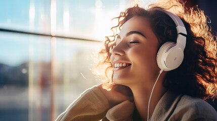 Young girl wearing headphones enjoying music outside.
