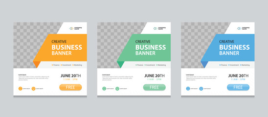 Set of Editable square business web banner design template. Suitable for social media post, instagram story and web ads. Vector illustration with Space to add pictures.