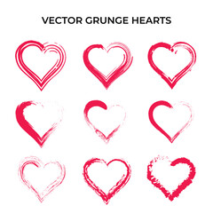 Grunge Heart Shapes Set Red Color Vector. Brush Stroke Style