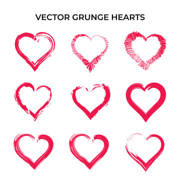 Grunge Heart Shapes Set Red Color Vector. Brush Stroke Style
