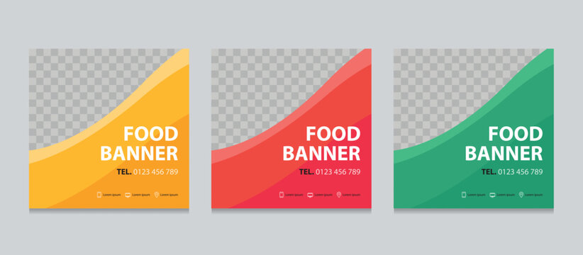 Set of Editable square business web banner design template. background gradients color. food sale discount. Suitable for social media post, instagram story and web ads. with Space to add pictures.