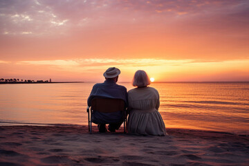 Obraz na płótnie Canvas An elderly couple on the beach during sunset
