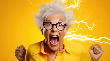 An elderly woman screams against a yellow background.