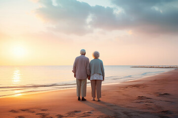 Fototapeta na wymiar An elderly couple on the beach during sunset
