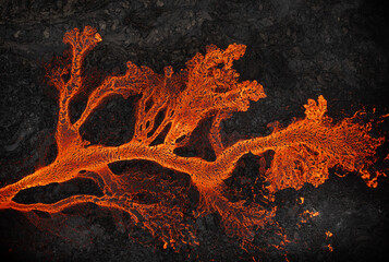 Aerial view of the texture of a solidifying lava field, close-up