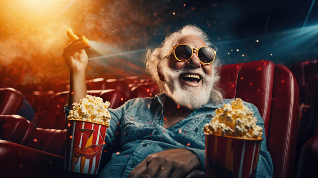 An elderly man is sitting in a movie theater with popcorn watching a movie.