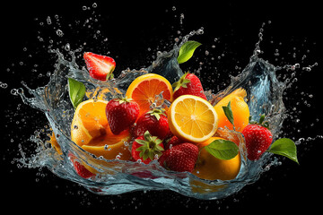 Fototapeta na wymiar Set of sliced ​​fruit with water splash.Generative Ai.