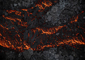 Aerial view of the texture of a solidifying lava field, close-up