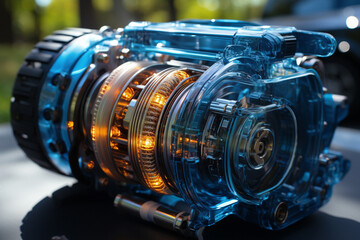 Fototapeta na wymiar camera lens captures the intricate details of the electric system in an eco-friendly car engine. The advanced automation technology, efficient and intelligent functioning of the engine