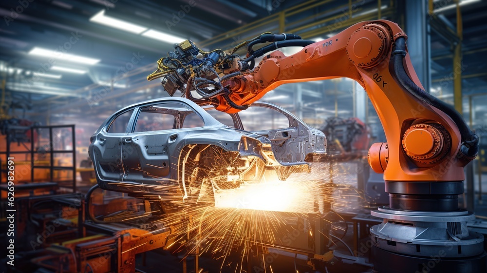 Poster robot working in a factory of a car with generative ai