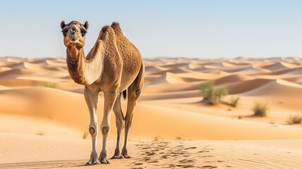 Camel in the desert with blue sky.Generative Ai.