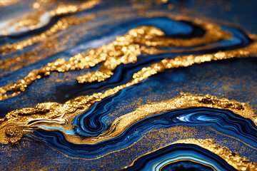 Blue and golden acrylic liquid ink swirl abstract background with ravishing turbulence wavy pattern and detailed texture. Luxury fluid liquid art by Generative AI.