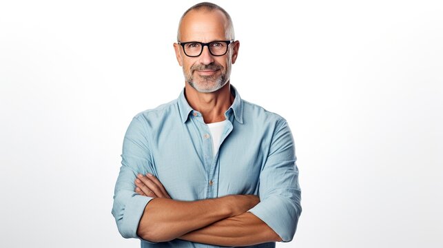 image of a man wearing glasses and crossing his arms against a white background