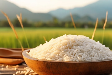 White rice with sunset time background.Generative Ai.