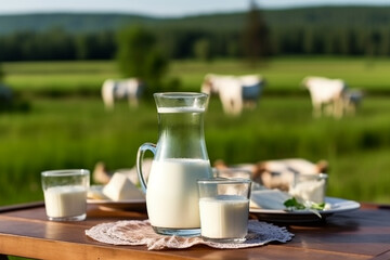 Fototapeta na wymiar Fresh milk on wooden table with cows on meadow background.Generative Ai.