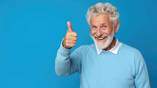 Senior man standing over isolated blue background doing happy thumbs up gesture with hand.