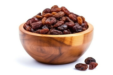 Obraz premium Raisins in wooden bowl isolated on white background.Generative Ai.