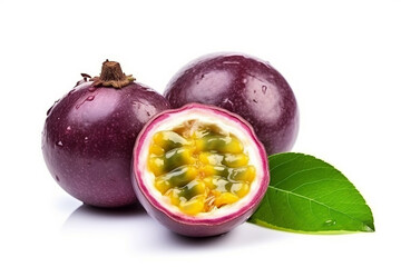 Purple passion fruit with leaf isolated on white background.Generative Ai.