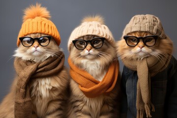 A group of cool cats wearing trendy glasses, scarves, and hats, striking a pose that oozes feline fashion. Generative Ai