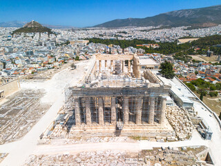 Aerial drone image of the Acropolis with the Parthenon in Athens, Greece. No people. Construction...